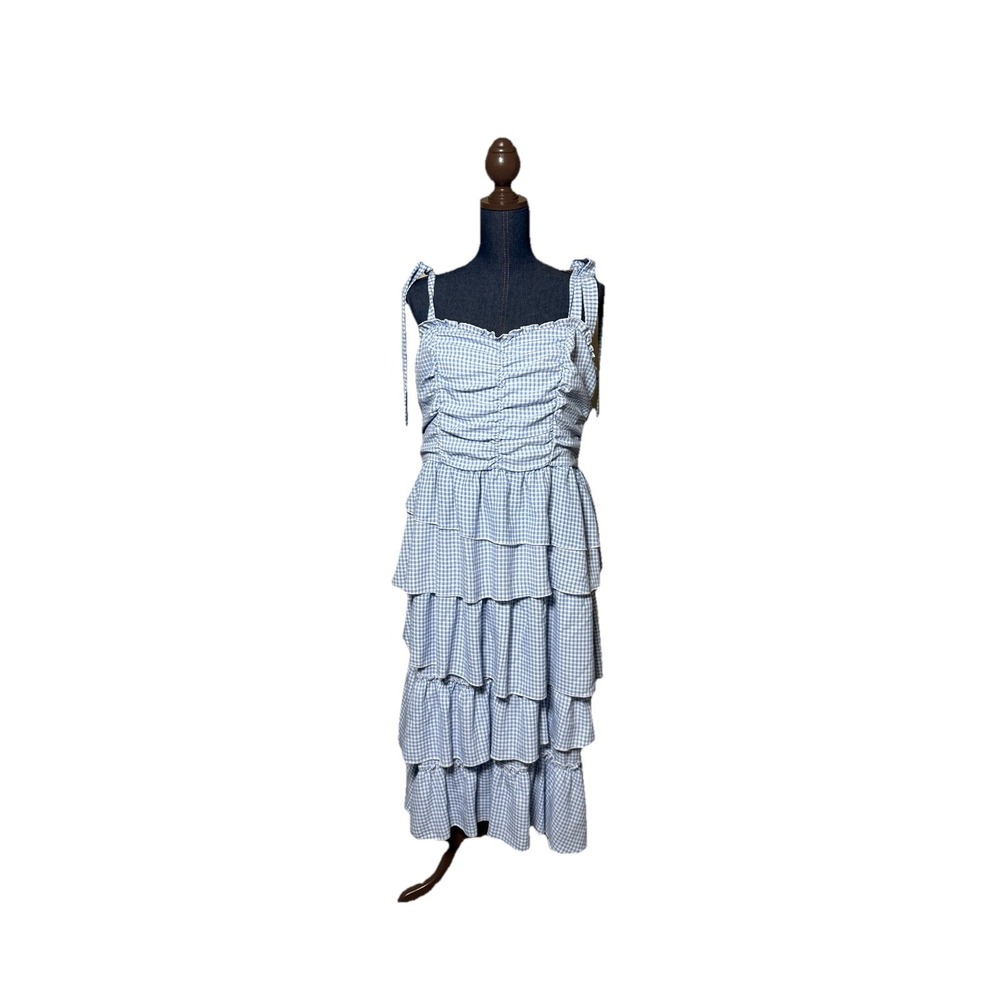 Jessakae  Blue Gingham Tiered Maxi Dress Ruffle Cottagecore Prayer Tie Straps